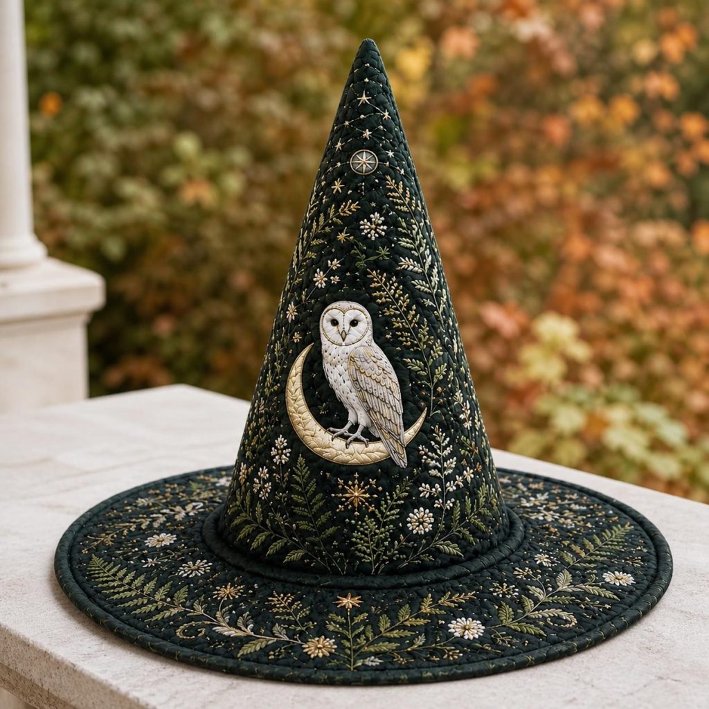 Personalized Owl Moon Quilted Witch Hat HG  HG  Halloween Cone Hat with Celestial Stars Costume Accessory