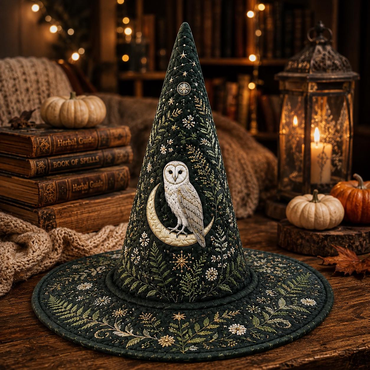 Personalized Owl Moon Quilted Witch Hat HG HG Halloween Cone Hat with Celestial Stars Costume Accessory - Image 2