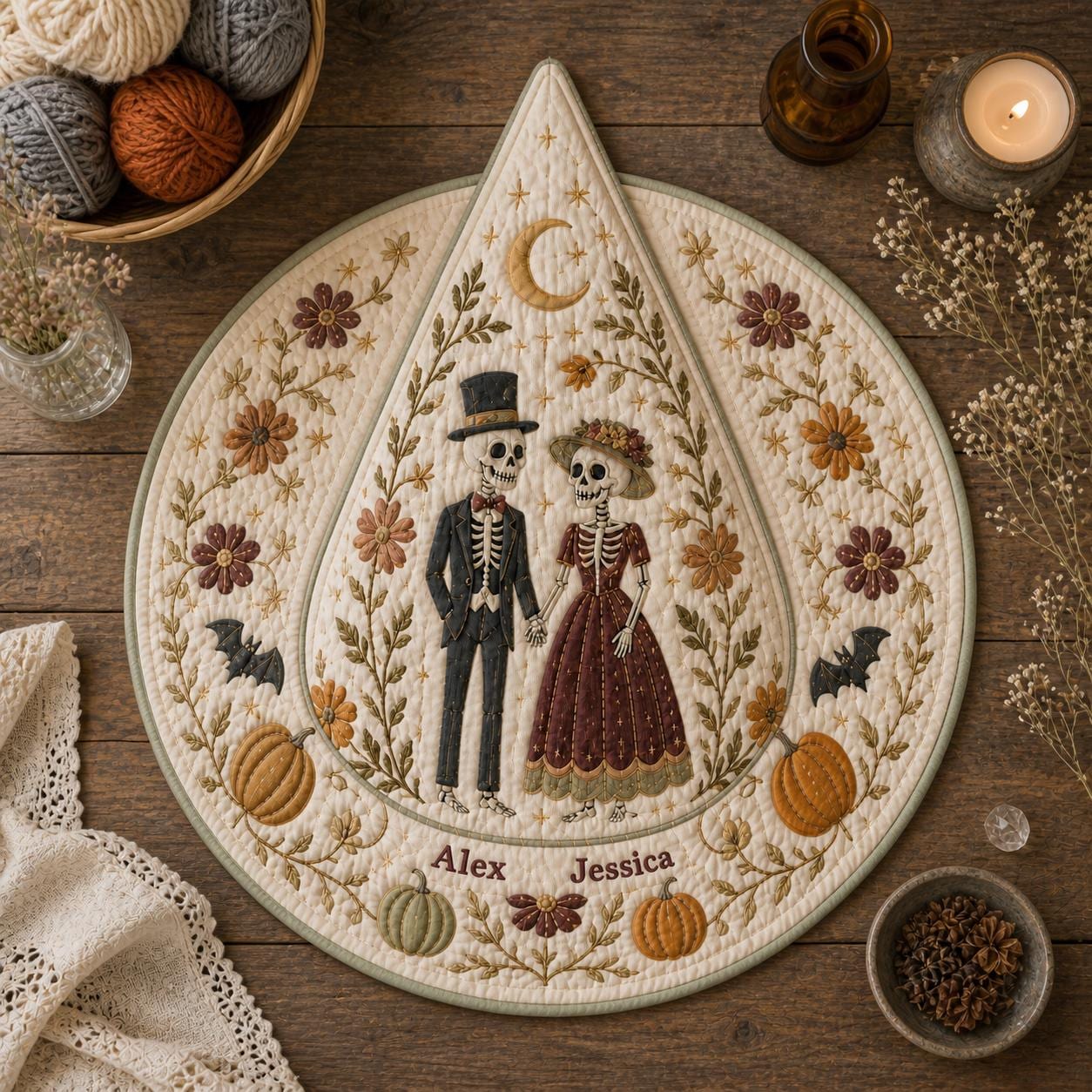 Personalized Printing Quilted Witch Hat HG HG , Custom Skeleton Couple Name, Halloween Decor - Image 5