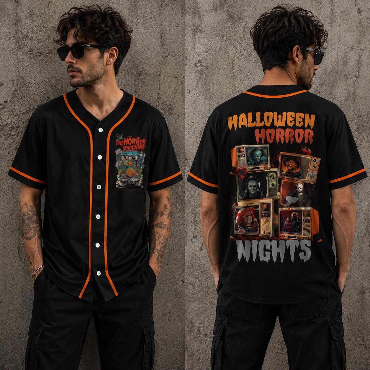 Retro Horror Baseball Jersey HG , Halloween Scary Movie Shirt, Spooky Season Button Up Top, Horror Fan Gift, Halloween Outfit HG - Image 2