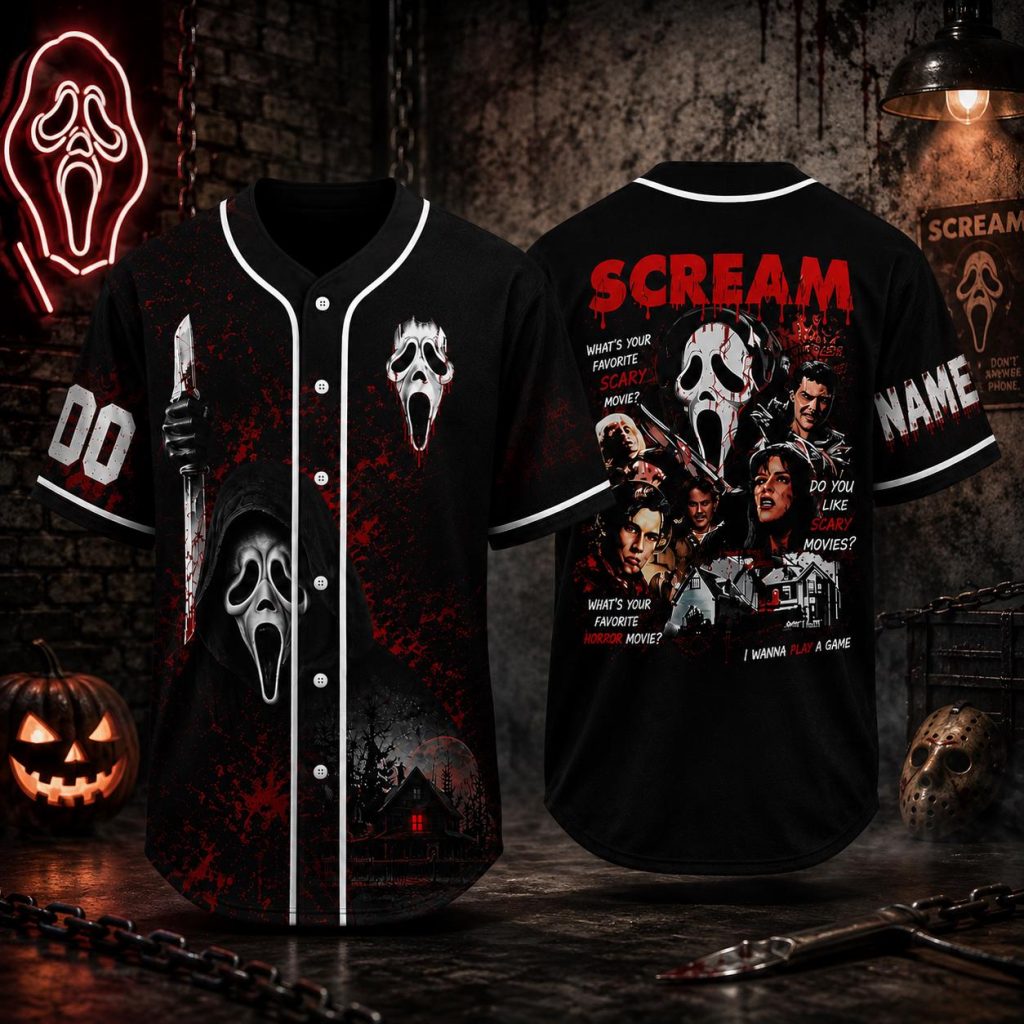 Spooky Ghostface Inspired Halloween Baseball Jersey HG , Custom Horror Movie Shirt, Personalized Name & Number Jersey HG , Scary Season Fan Gift