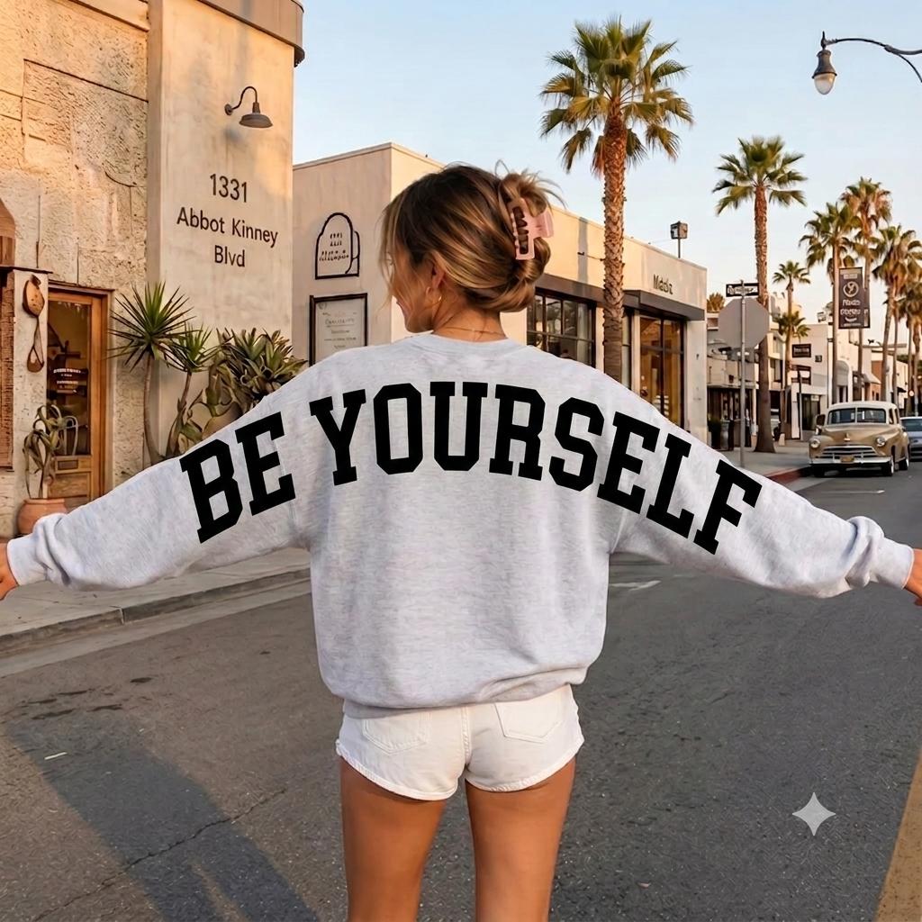 Be Yourself Lettering Oversized Sweatshirt, HG Big Back Print Crewneck, Arm to Arm Text Print Shirt, Inspirational Mental Health Hoodie - Image 3