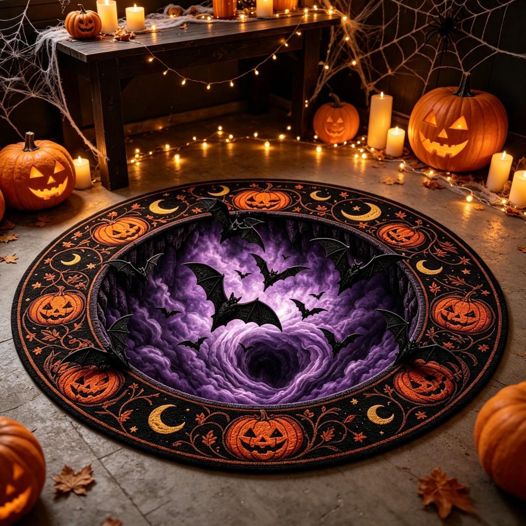 3D Optical Illusion Halloween Round Rug, HG Spooky Vortex Doormat, Crystal Velvet Circular Floor Mat, Gothic Halloween Home Decor Gift