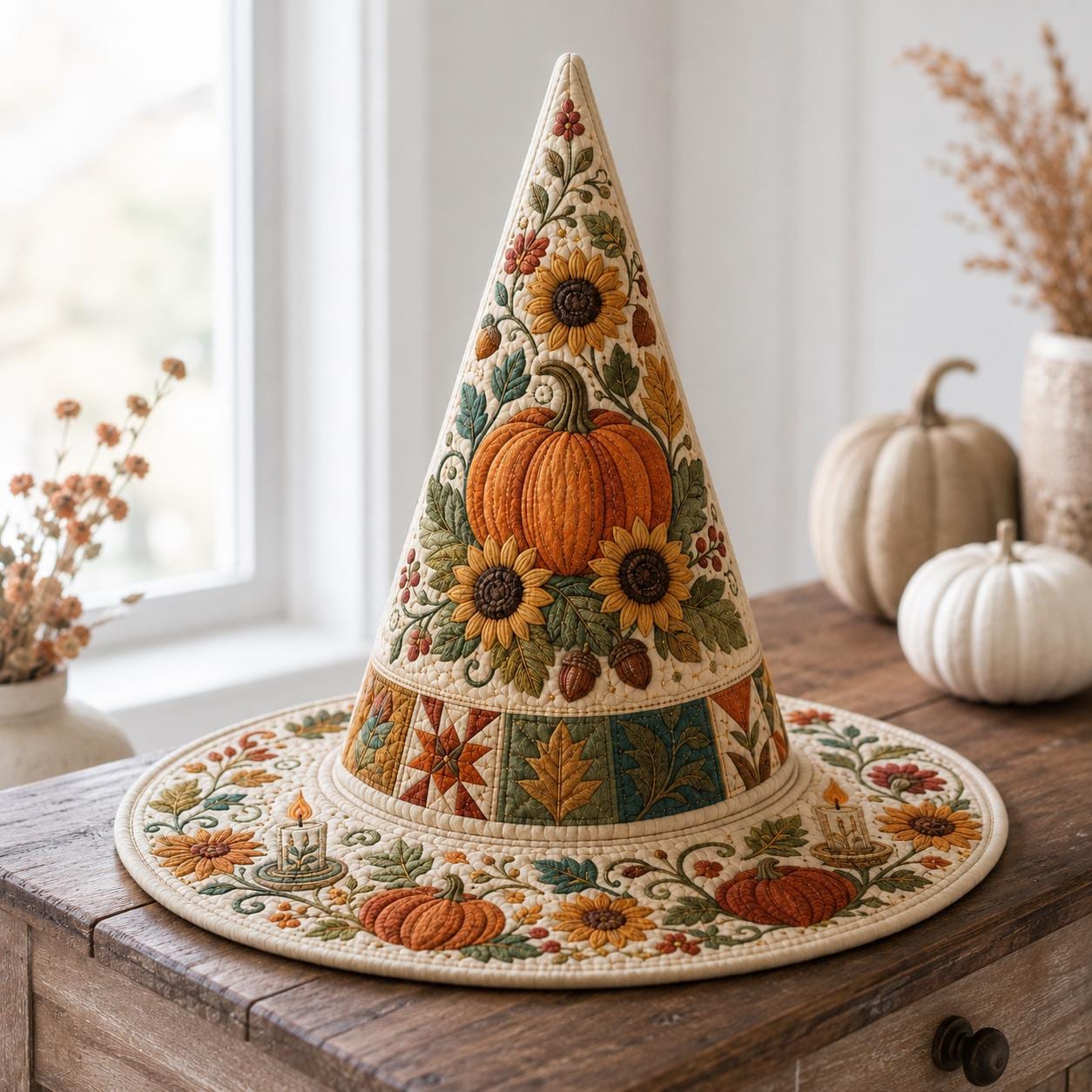 Personalized Quilted Patchwork Witch Hat HG , Custom Printed Cotton Autumn Harvest Halloween Costume Decor