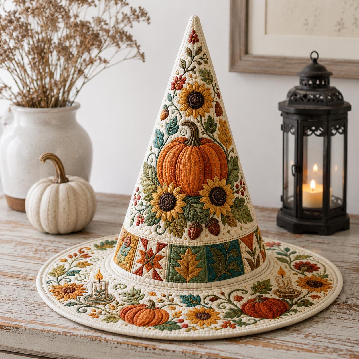 Personalized Quilted Patchwork Witch Hat HG , Custom Printed Cotton Autumn Harvest Halloween Costume Decor - Image 2