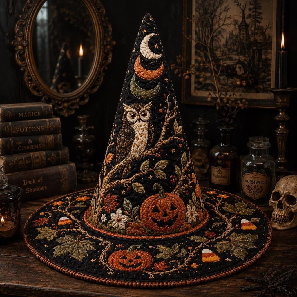 Quilted Halloween Witch Hat HG , Owl Pumpkin Table Decor, Fall Patchwork Centerpiece, Spooky Witchy Home Decor, Halloween Gift