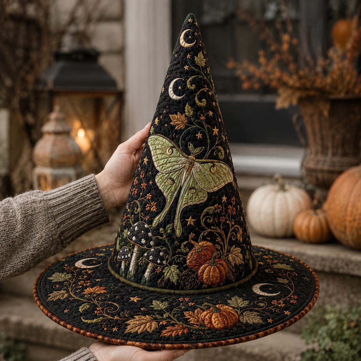 Quilted Halloween Witch Hat HG , Luna Moth Pumpkin Patchwork Decor, Witchy Fall Table Centerpiece, Gothic Autumn Home Decor - Image 3
