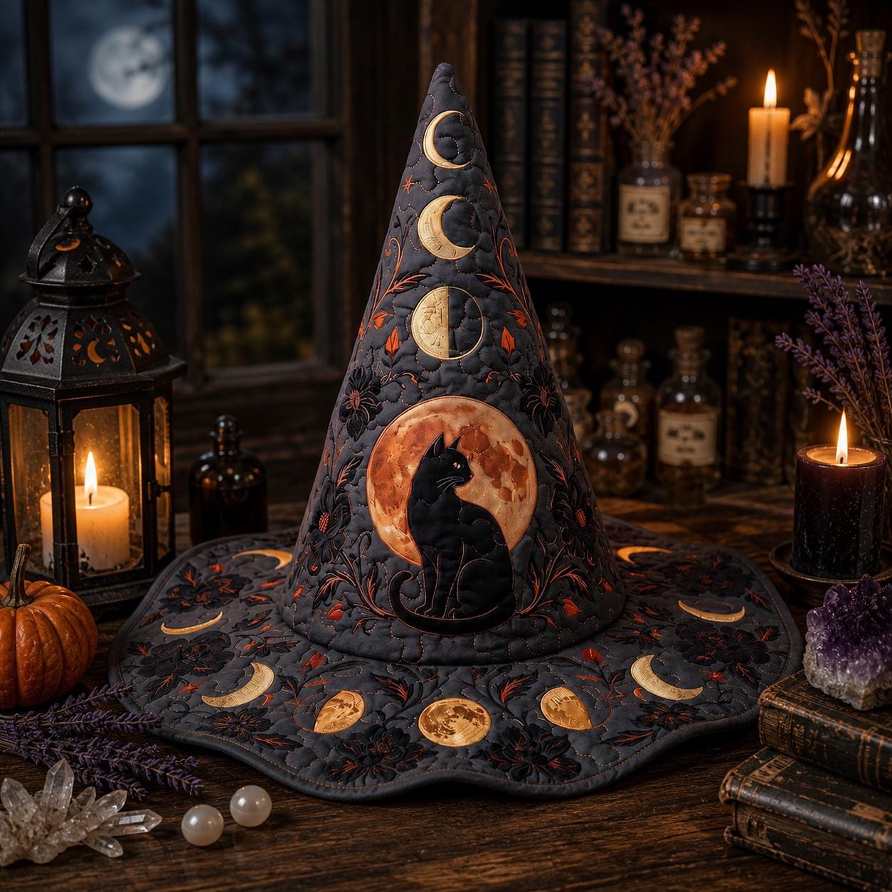 Personalized Quilted Witch Hat HG HG , Black Cat Moon Halloween Hat, Celestial Gothic Witch Costume, Witchcore Accessory, Spooky Halloween Gift - Image 2