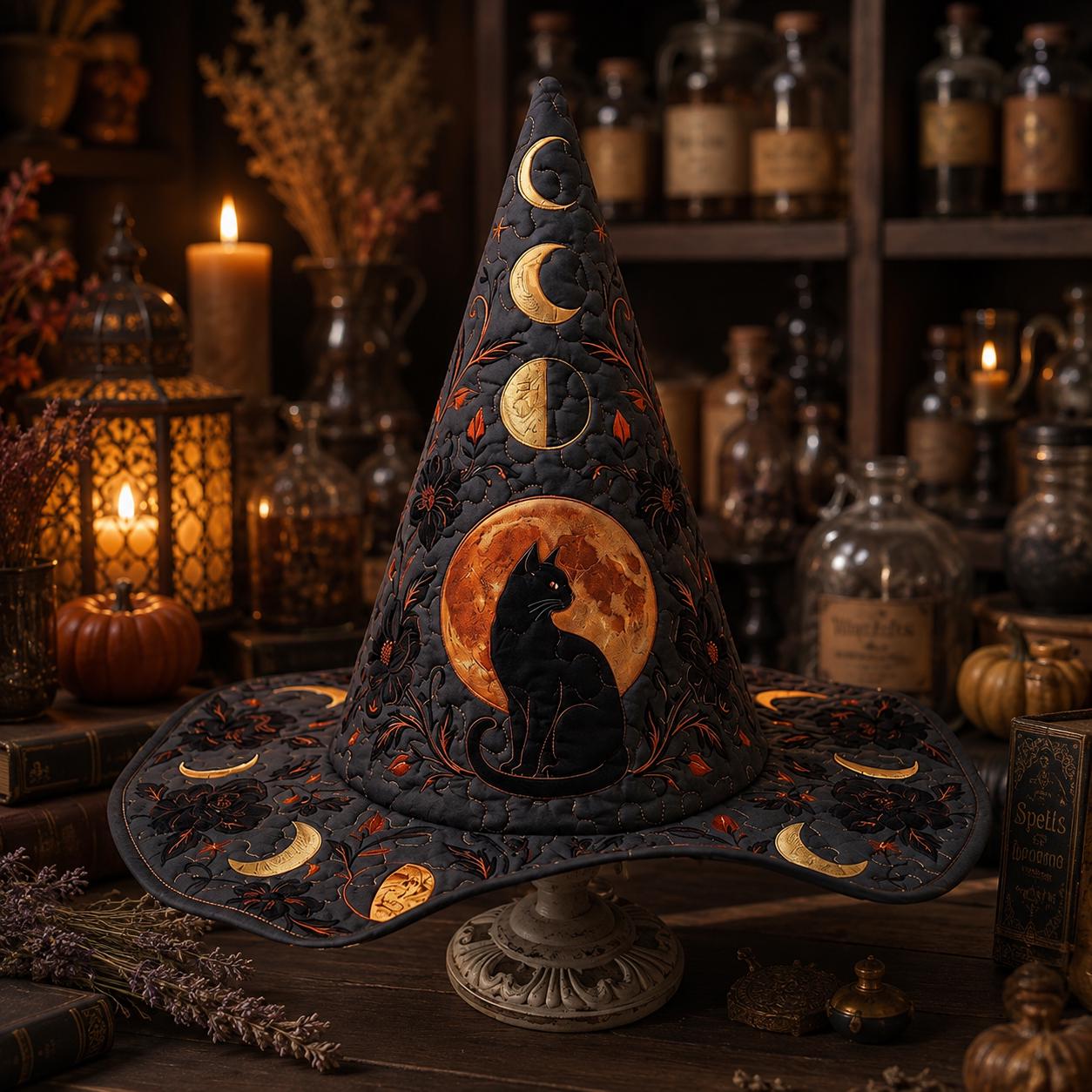 Personalized Quilted Witch Hat HG HG , Black Cat Moon Halloween Hat, Celestial Gothic Witch Costume, Witchcore Accessory, Spooky Halloween Gift - Image 4