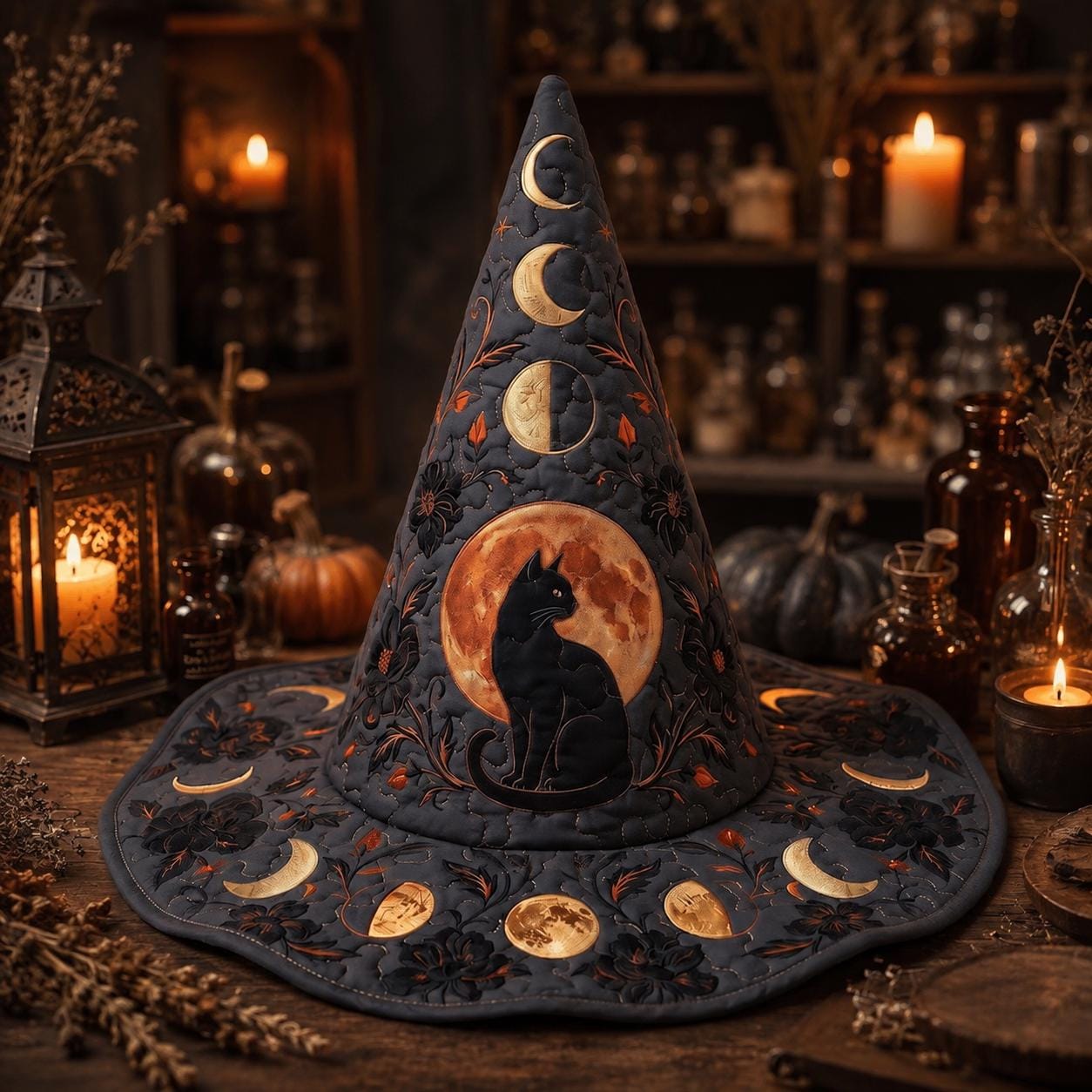Personalized Quilted Witch Hat HG HG , Black Cat Moon Halloween Hat, Celestial Gothic Witch Costume, Witchcore Accessory, Spooky Halloween Gift - Image 6