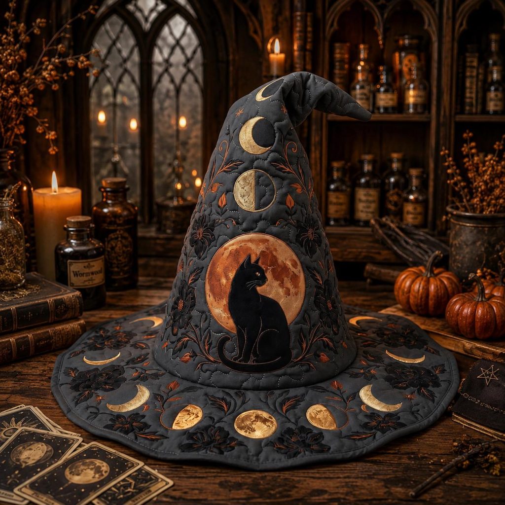 Personalized Quilted Witch Hat HG  HG , Black Cat Moon Halloween Hat, Celestial Gothic Witch Costume, Witchcore Accessory, Spooky Halloween Gift