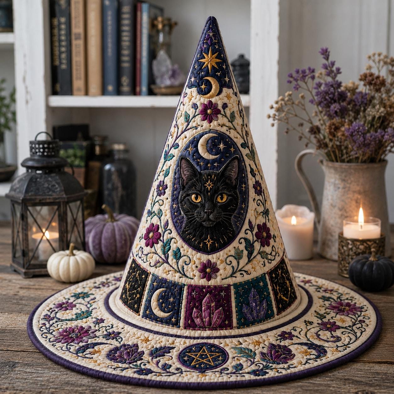 Black Cat Celestial Quilted Witch Hat HG HG , Floral Witchcore Decor, Spooky Halloween Costume - Image 5