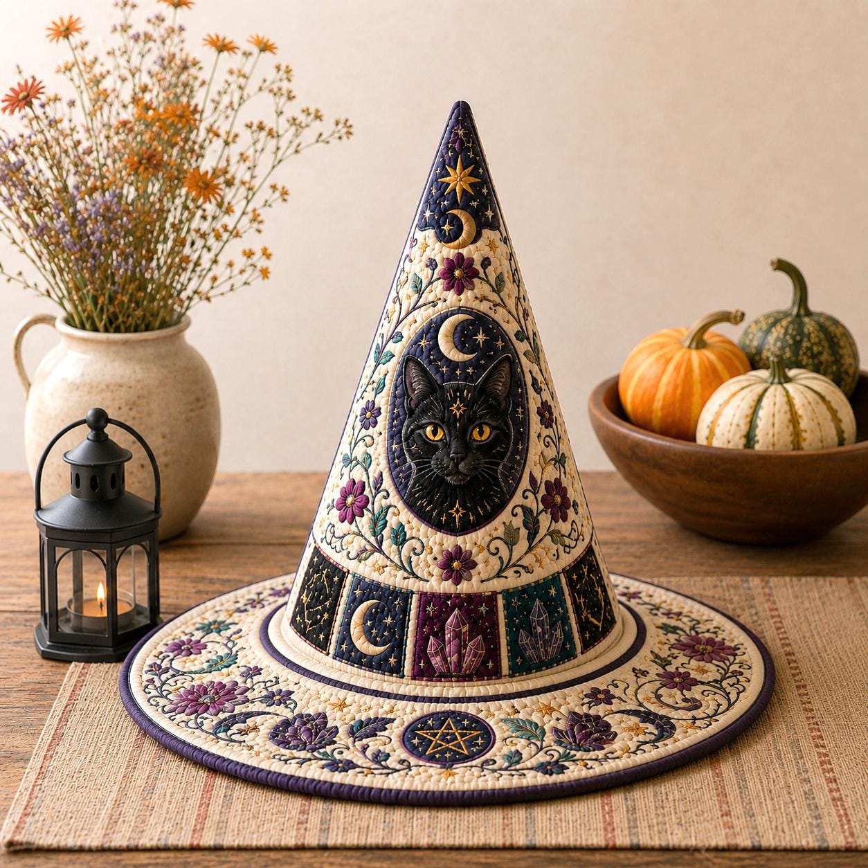 Black Cat Celestial Quilted Witch Hat HG HG , Floral Witchcore Decor, Spooky Halloween Costume - Image 4