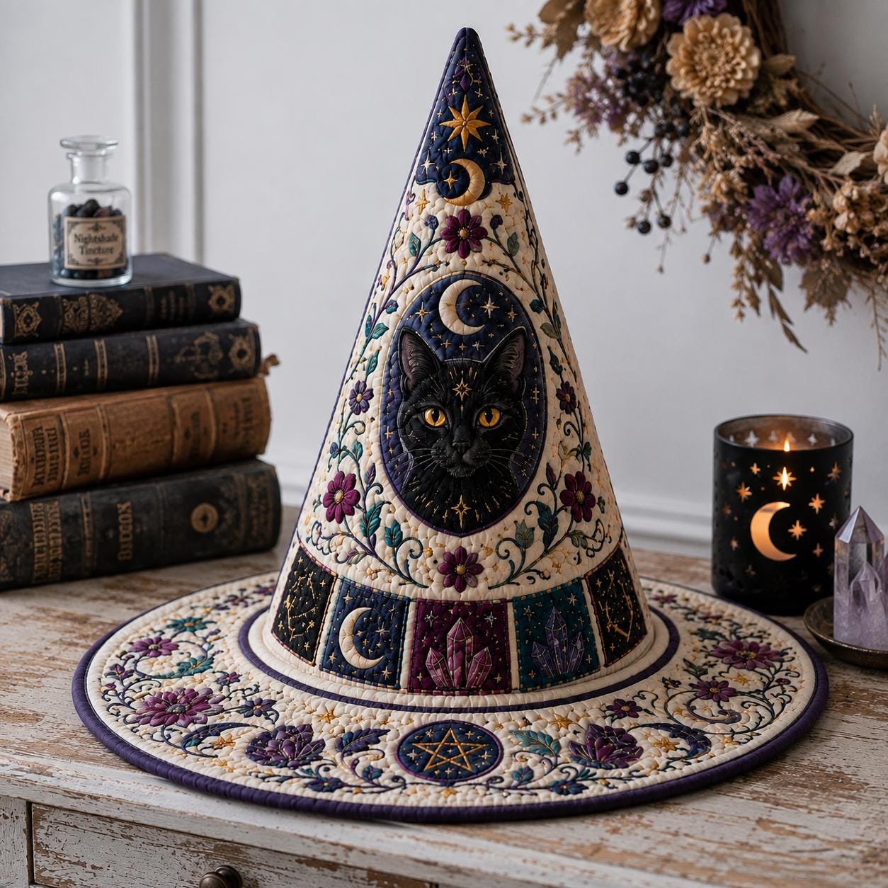 Black Cat Celestial Quilted Witch Hat HG HG , Floral Witchcore Decor, Spooky Halloween Costume - Image 3