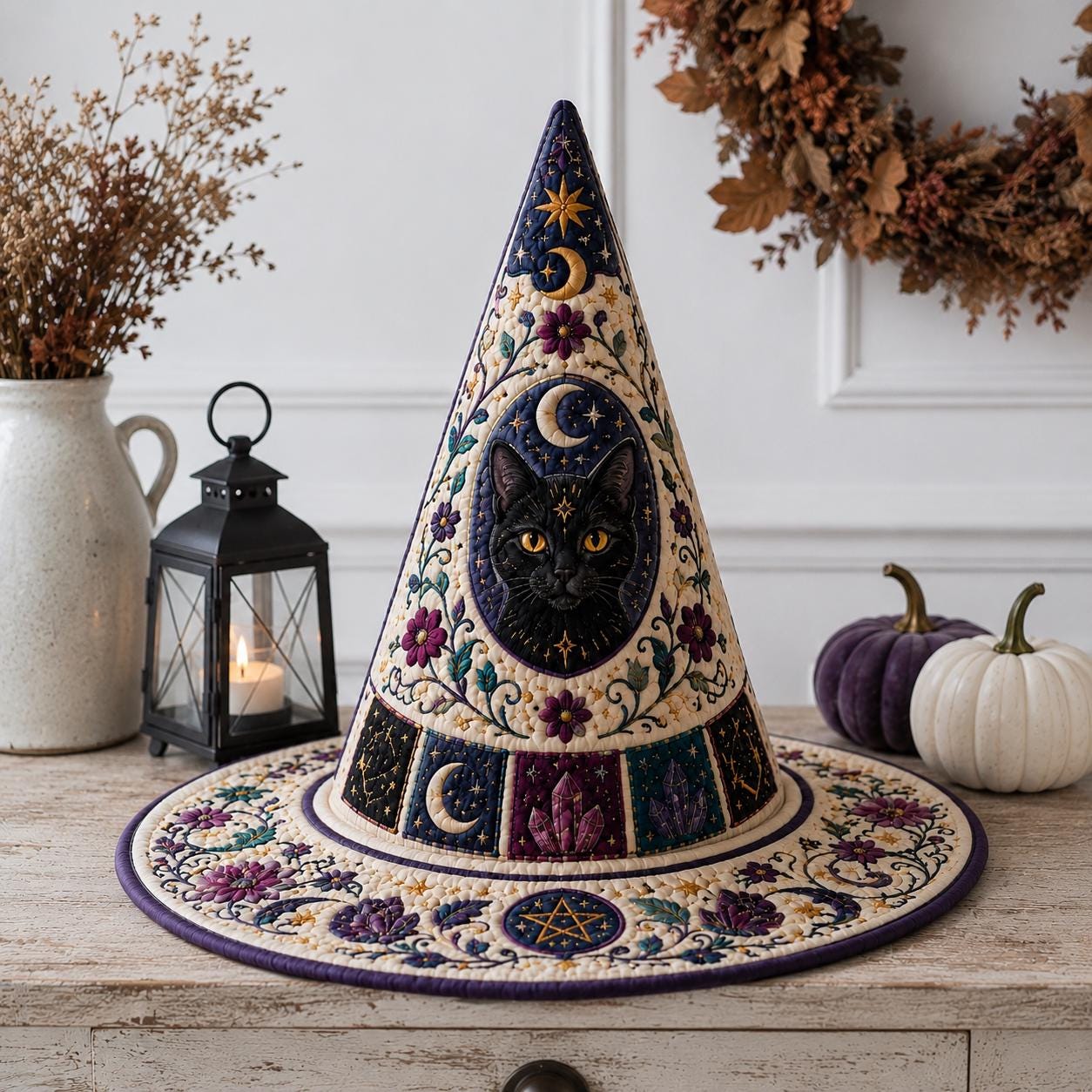 Black Cat Celestial Quilted Witch Hat HG HG , Floral Witchcore Decor, Spooky Halloween Costume - Image 2