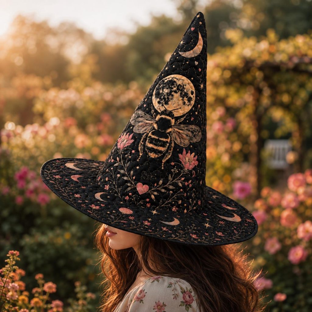 Quilted Witch Hat HG  HG , Celestial Bee Moon Witch Costume Hat, Cottagecore Floral Wizard Hat, Halloween Witchy Gift