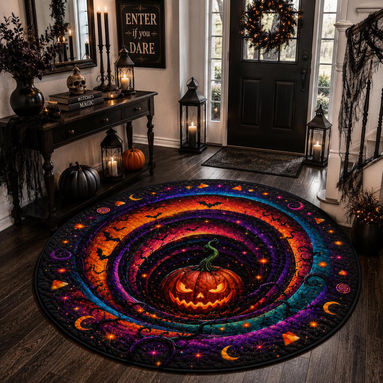 Round Quilted Halloween Rug Pumpkin Vortex 3D Illusion Gothic Witchy Decor HG - Image 4