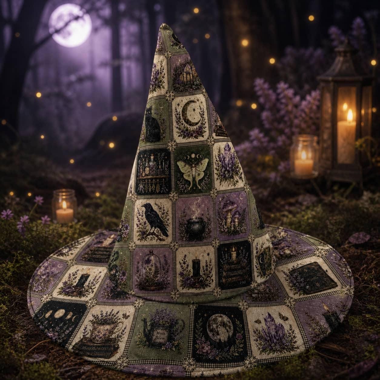 Quilted Botanical Witch Hat HG : Witchcore Grid Patchwork Halloween Costume Wide Brim Headwear - Image 2