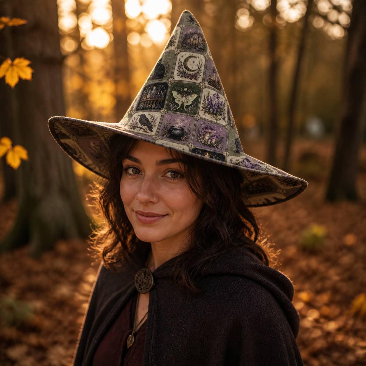 Quilted Botanical Witch Hat HG : Witchcore Grid Patchwork Halloween Costume Wide Brim Headwear - Image 3