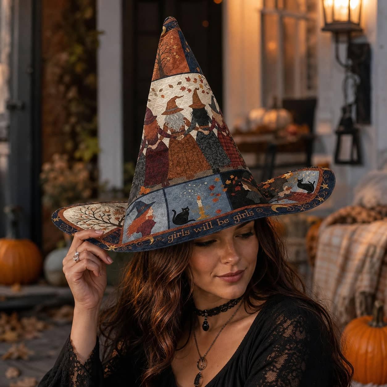 Quilted Witch Hat HG HG : Girls Coven Patchwork Halloween Headwear, Black Cat Costume Accessory - Image 3