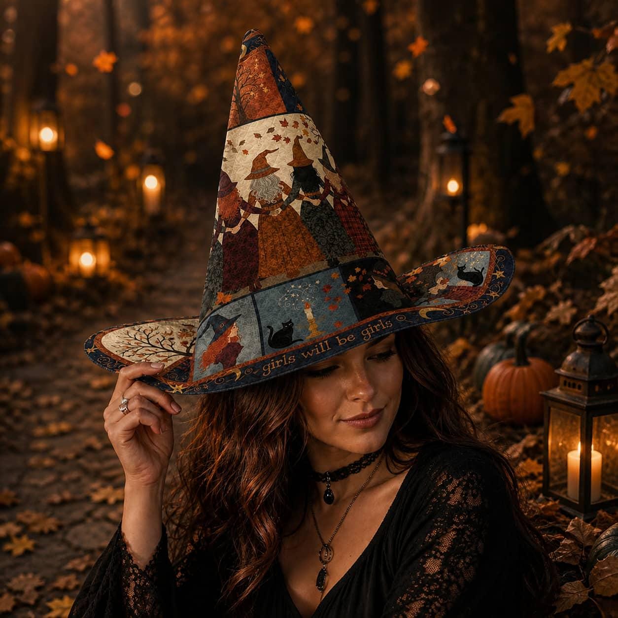 Quilted Witch Hat HG HG : Girls Coven Patchwork Halloween Headwear, Black Cat Costume Accessory - Image 4