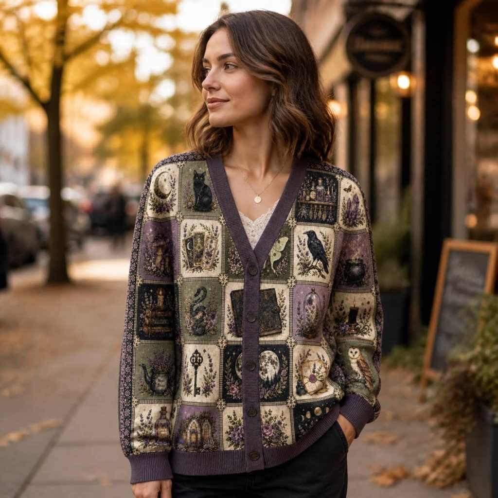 Witchy Botanical Knitted Cardigan: HG Celestial Moon Raven Patchwork V-Neck Sweater