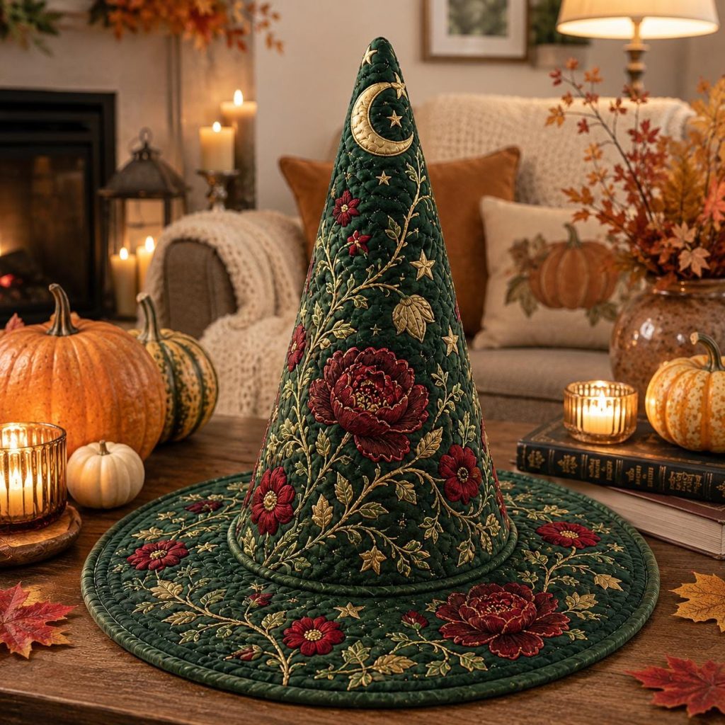 Personalized Quilted Witch Hat HG  HG , Floral Moon, Cottagecore Halloween Décor
