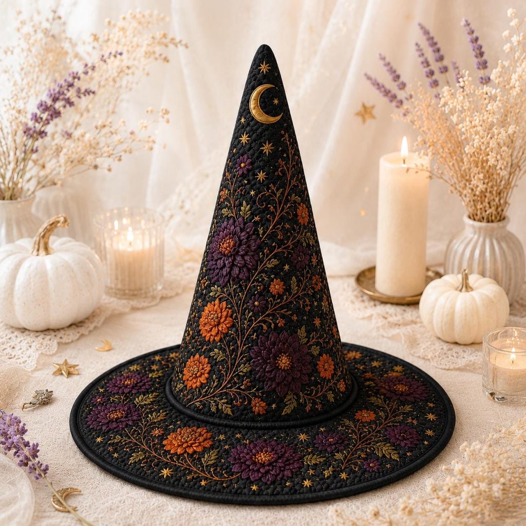Personalized Quilted Witch Hat HG  HG , Floral Moon Gothic Halloween Décor
