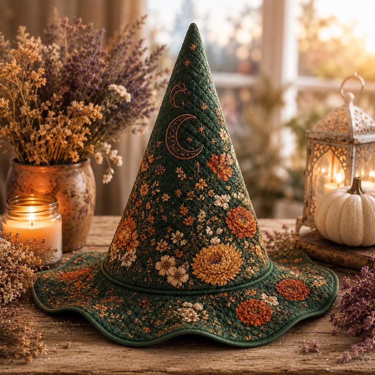 Personalized Quilted Witch Hat HG HG , Floral Moon , Halloween Décor (17.72" Wide) - Image 3