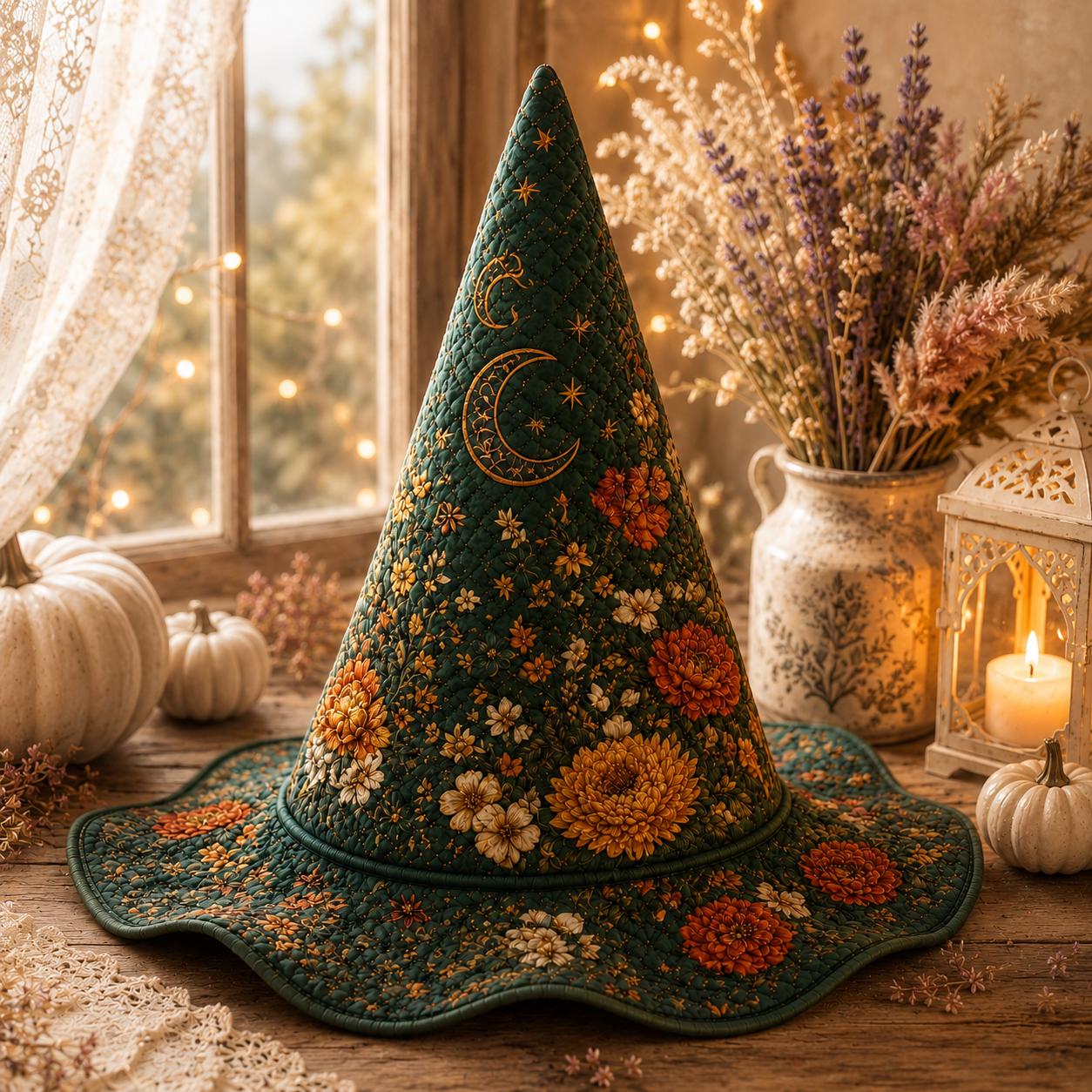 Personalized Quilted Witch Hat HG HG , Floral Moon , Halloween Décor (17.72" Wide) - Image 2