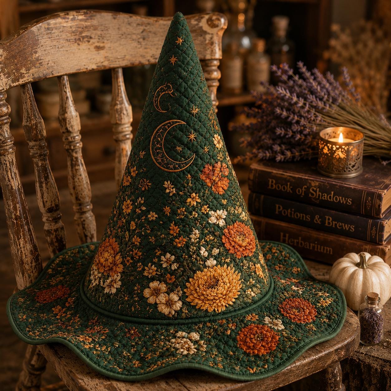 Personalized Quilted Witch Hat HG HG , Floral Moon , Halloween Décor (17.72" Wide) - Image 4