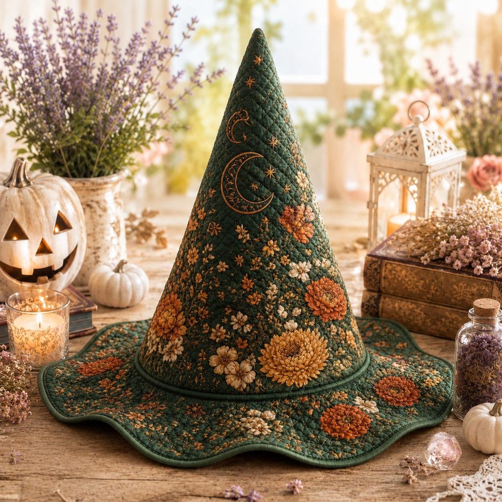 Personalized Quilted Witch Hat HG  HG , Floral Moon , Halloween Décor (17.72" Wide)