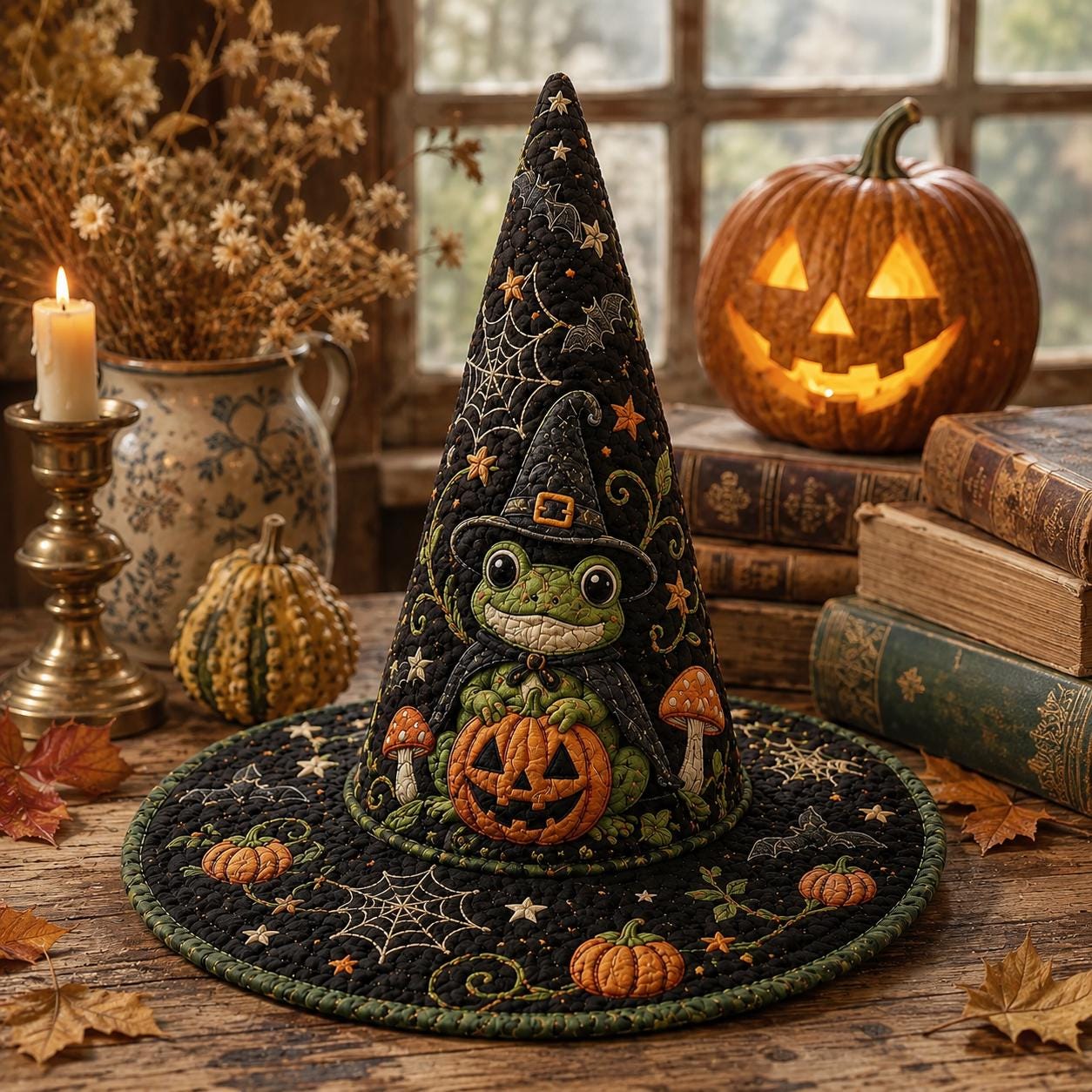 Personalized Quilted Witch Hat HG HG , Custom Name Halloween Décor, Frog Pumpkin - Image 3