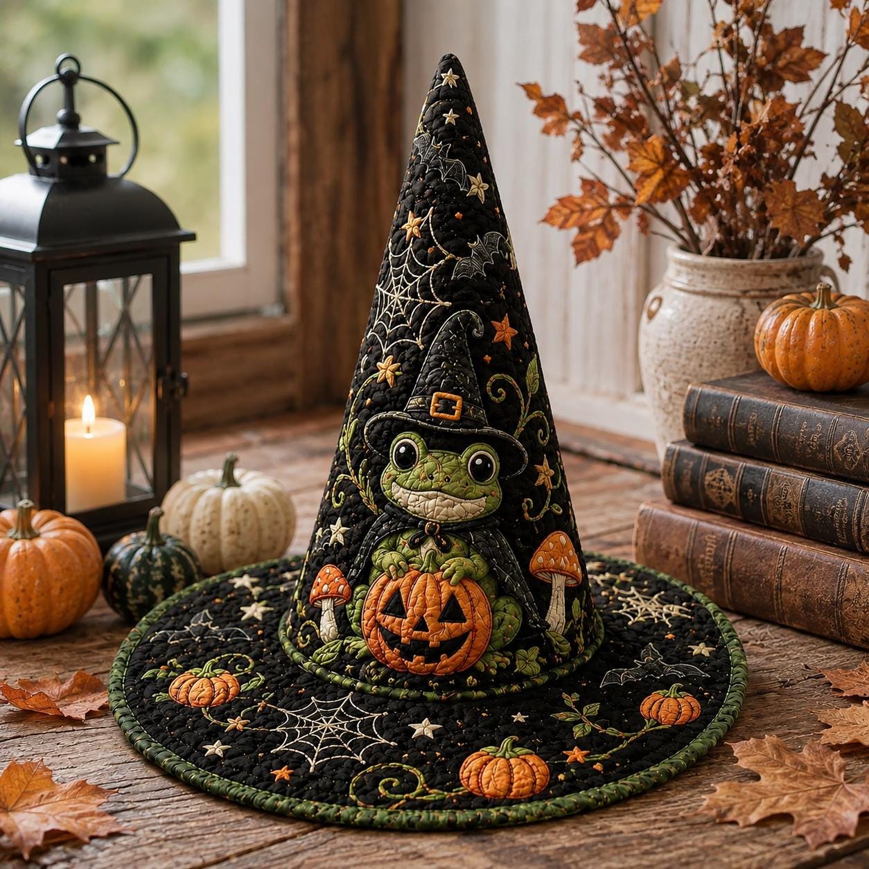 Personalized Quilted Witch Hat HG HG , Custom Name Halloween Décor, Frog Pumpkin