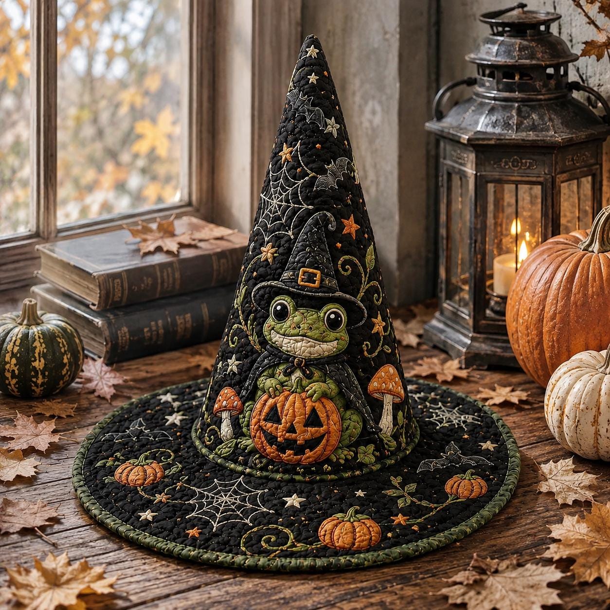 Personalized Quilted Witch Hat HG HG , Custom Name Halloween Décor, Frog Pumpkin - Image 4