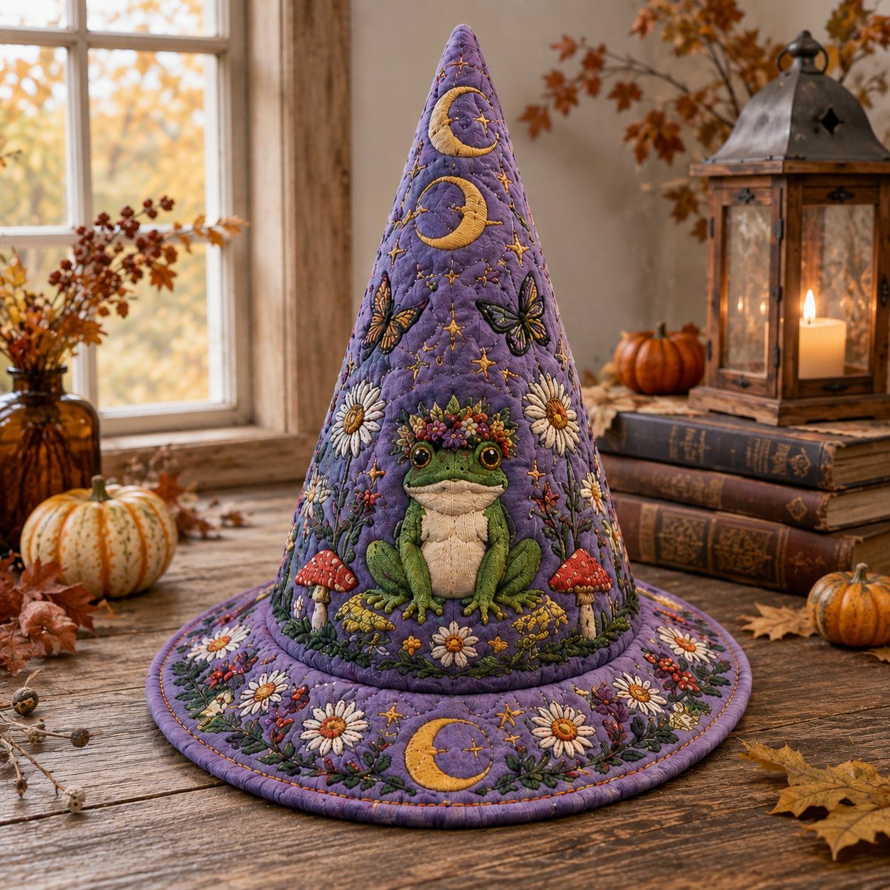 Personalized Quilted Witch Hat HG HG , Purple Floral Frog, Moon Stars (Custom Name) - Image 2