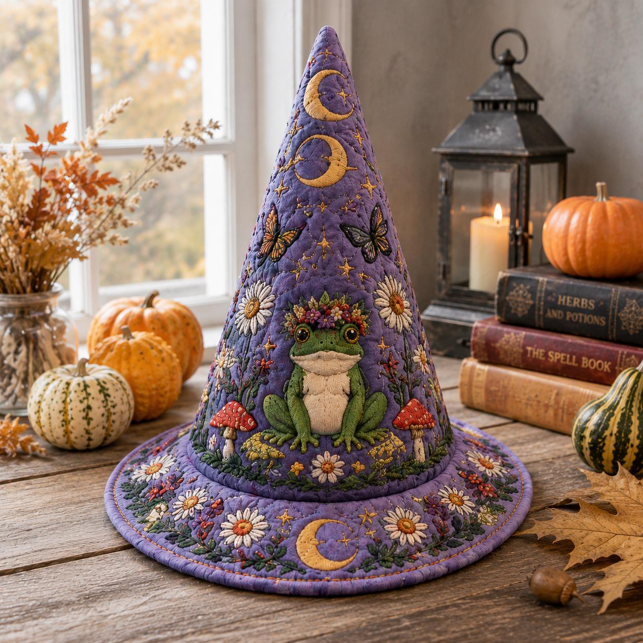 Personalized Quilted Witch Hat HG HG , Purple Floral Frog, Moon Stars (Custom Name) - Image 3