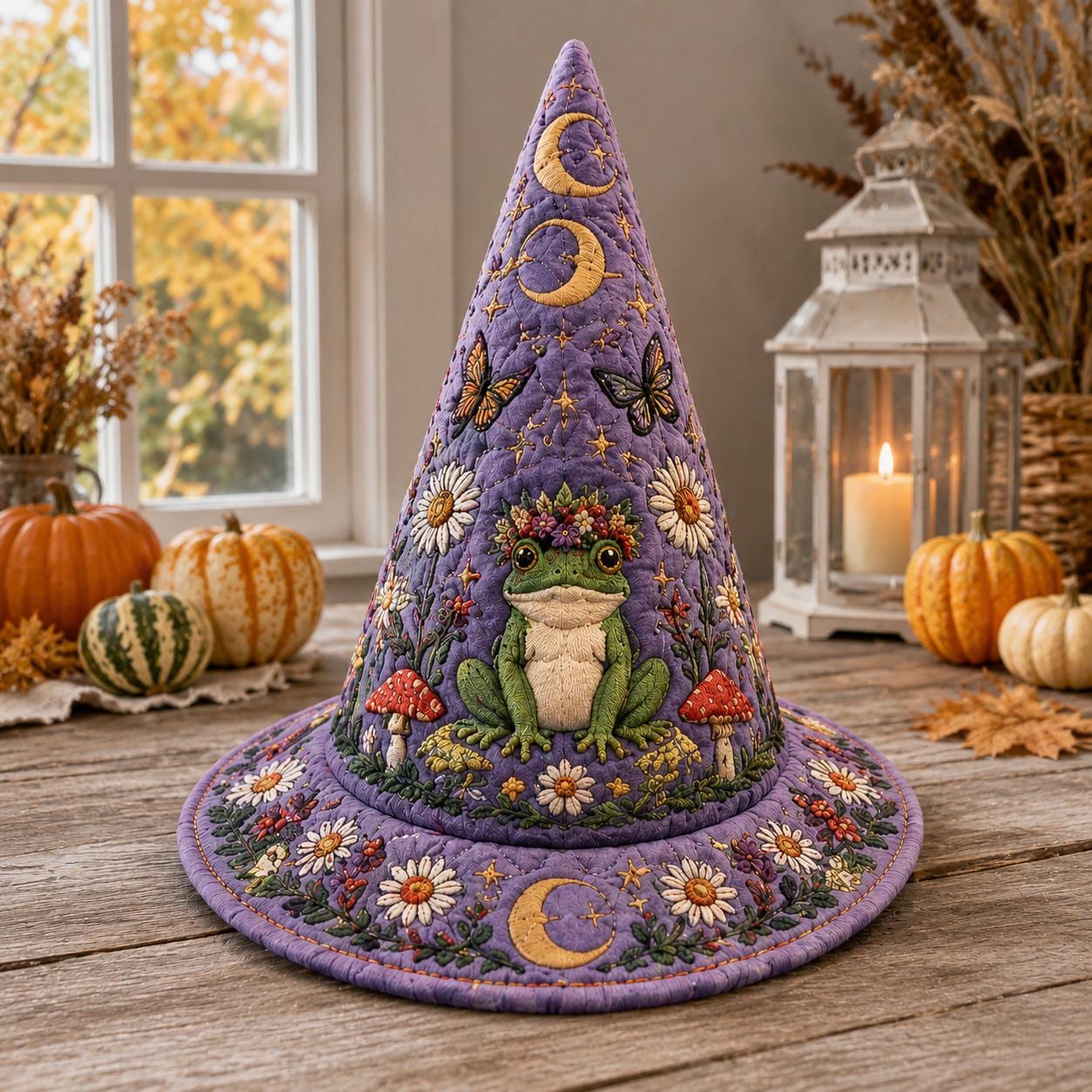Personalized Quilted Witch Hat HG HG , Purple Floral Frog, Moon Stars (Custom Name)