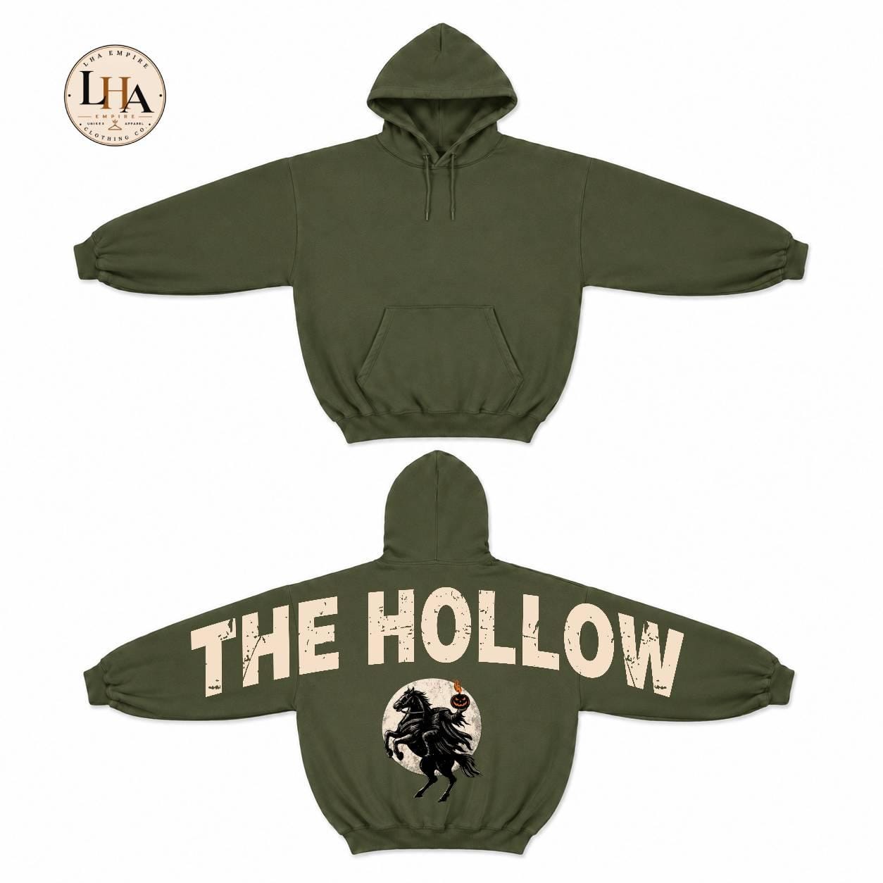 The Hollow Halloween Across Back Hoodie, HG Headless Horseman Sweatshirt, Gothic Halloween Shoulder-to-Shoulder Back Lettering Hoodie - Image 4