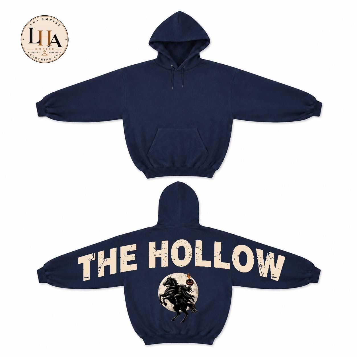 The Hollow Halloween Across Back Hoodie, HG Headless Horseman Sweatshirt, Gothic Halloween Shoulder-to-Shoulder Back Lettering Hoodie - Image 3