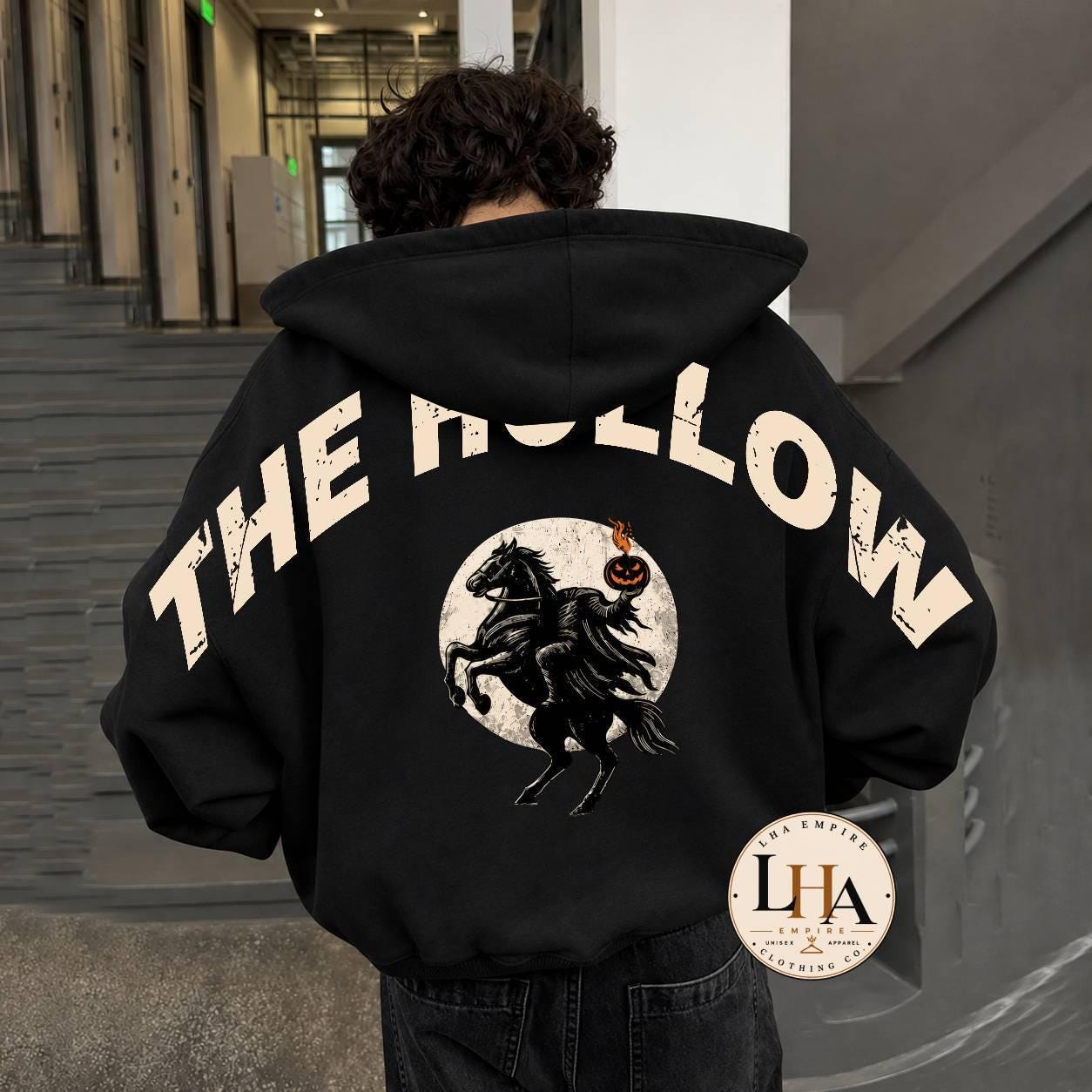 The Hollow Halloween Across Back Hoodie, HG Headless Horseman Sweatshirt, Gothic Halloween Shoulder-to-Shoulder Back Lettering Hoodie - Image 2