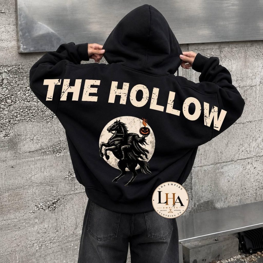 The Hollow Halloween Across Back Hoodie, HG Headless Horseman Sweatshirt, Gothic Halloween Shoulder-to-Shoulder Back Lettering Hoodie