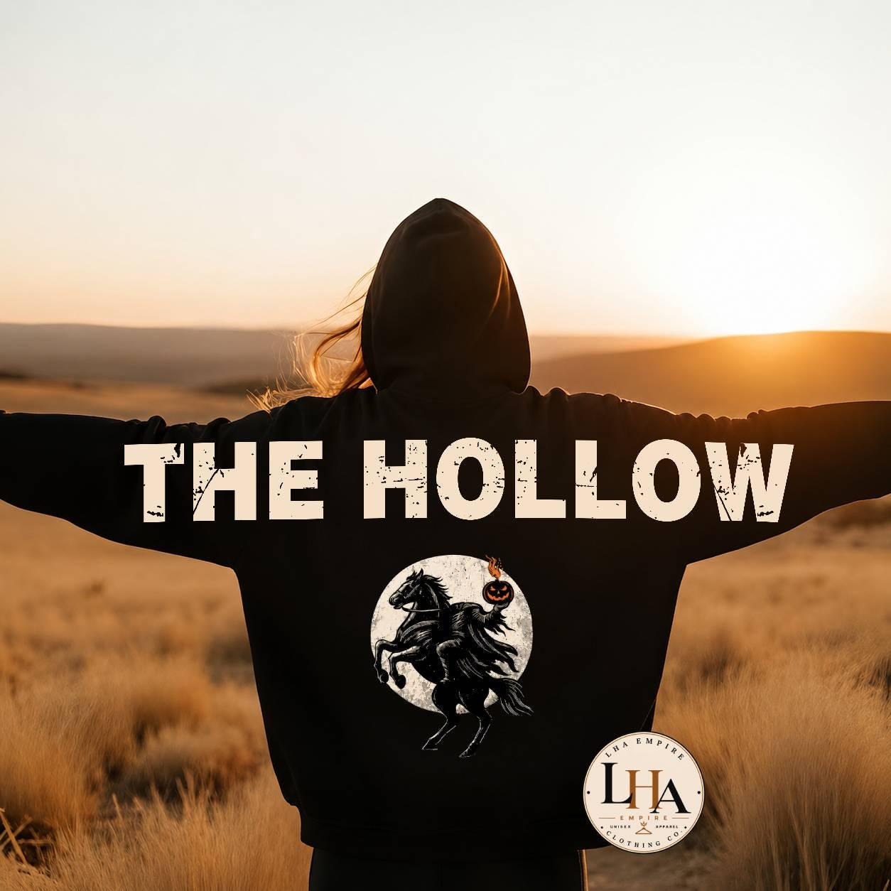 The Hollow Halloween Across Back Hoodie, HG Headless Horseman Sweatshirt, Gothic Halloween Shoulder-to-Shoulder Back Lettering Hoodie - Image 7