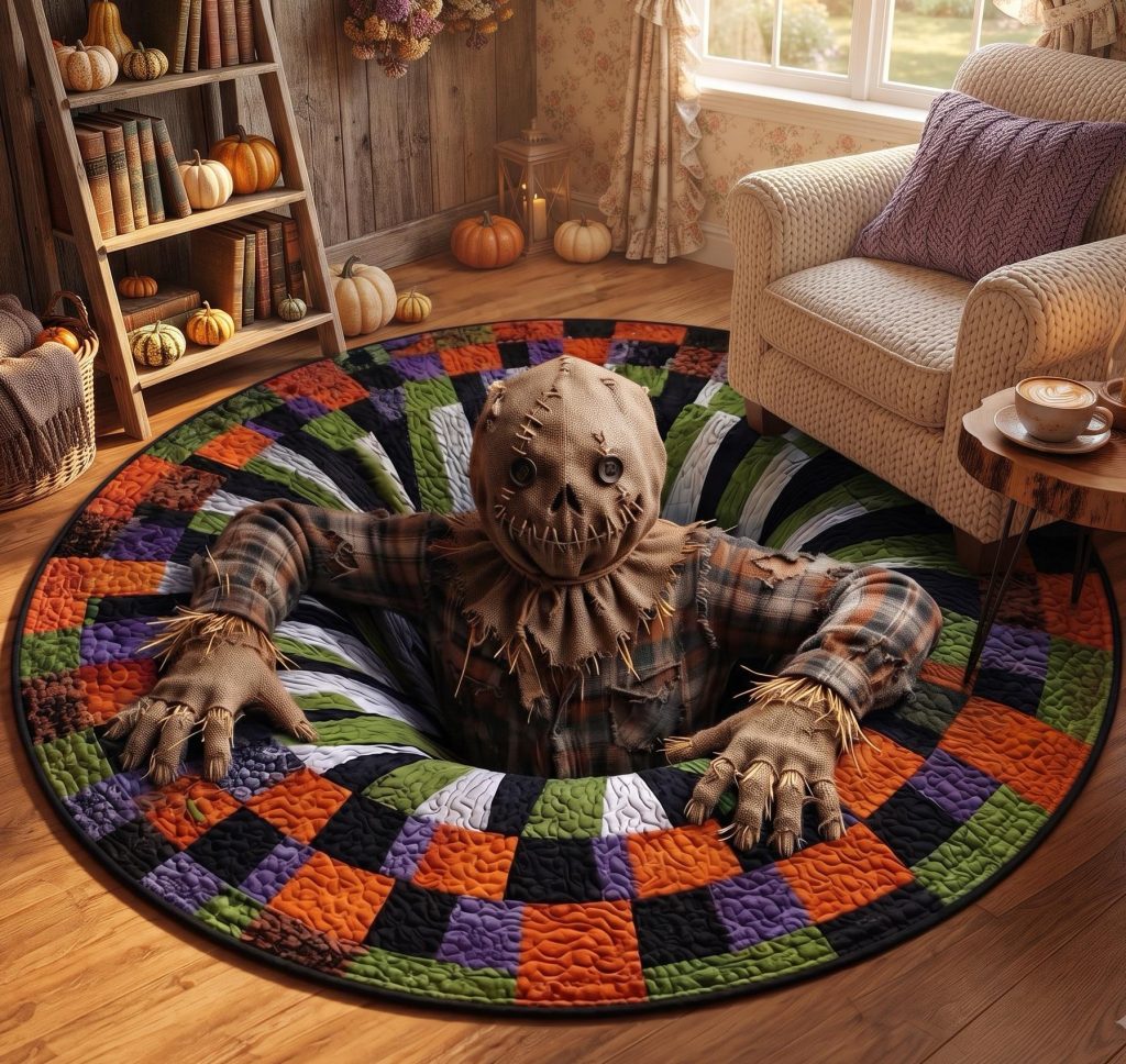 Scarecrow 3D Illusion Round Rug, HG Spooky Halloween Area Rug, Gothic Home Decor, Creepy Abyssal Floor Mat, Fall Autumn Living Room Rug
