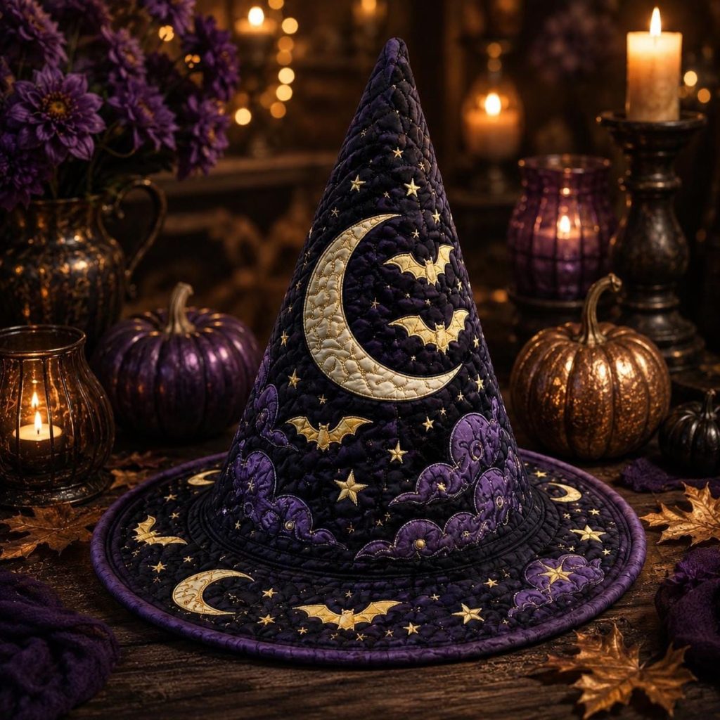 Personalized Halloween Quilted Witch Hat HG HG , Celestial Moon Phase Witch Decor, Cottagecore Witchy Home Accent, Fabric Wizard Hat, Gift for Her