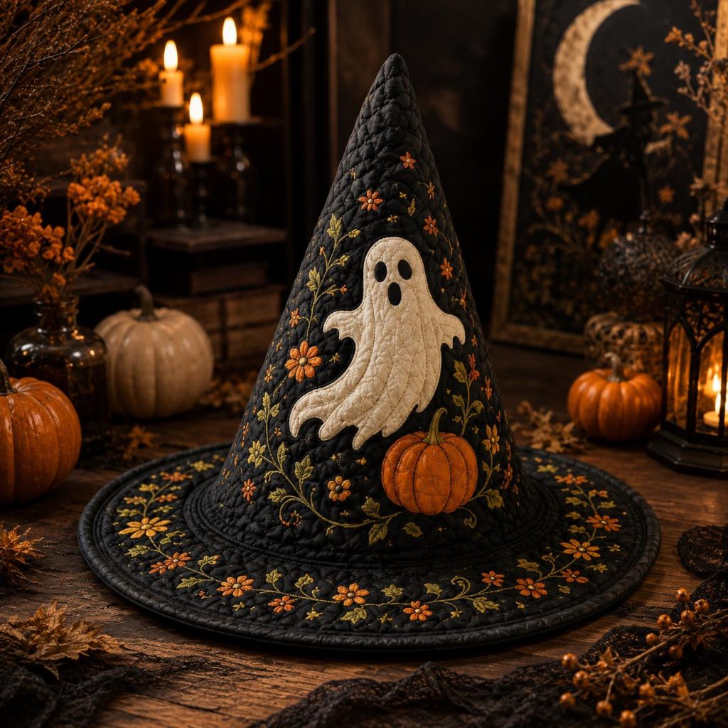 Quilted Witch Hat HG HG for Halloween Party, Celestial Moon Phase Decor, Cottagecore Witchy Fabric Hat, Spooky Home Accent, Halloween Gift for Her