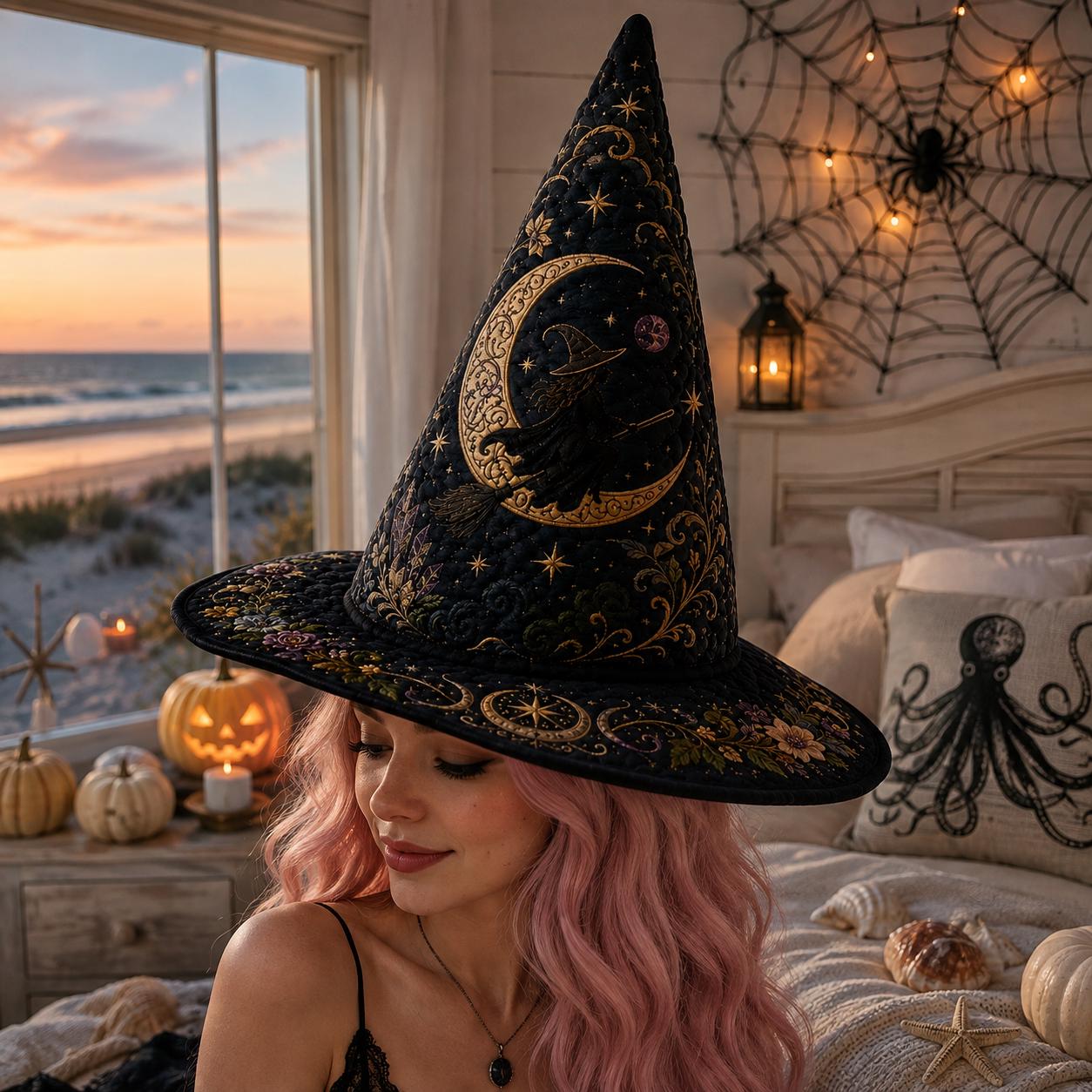 Quilted Witch Hat HG HG , Celestial Moon Halloween Decor, Gothic Raven Centerpiece, Crystal Witchy Gift - Image 2