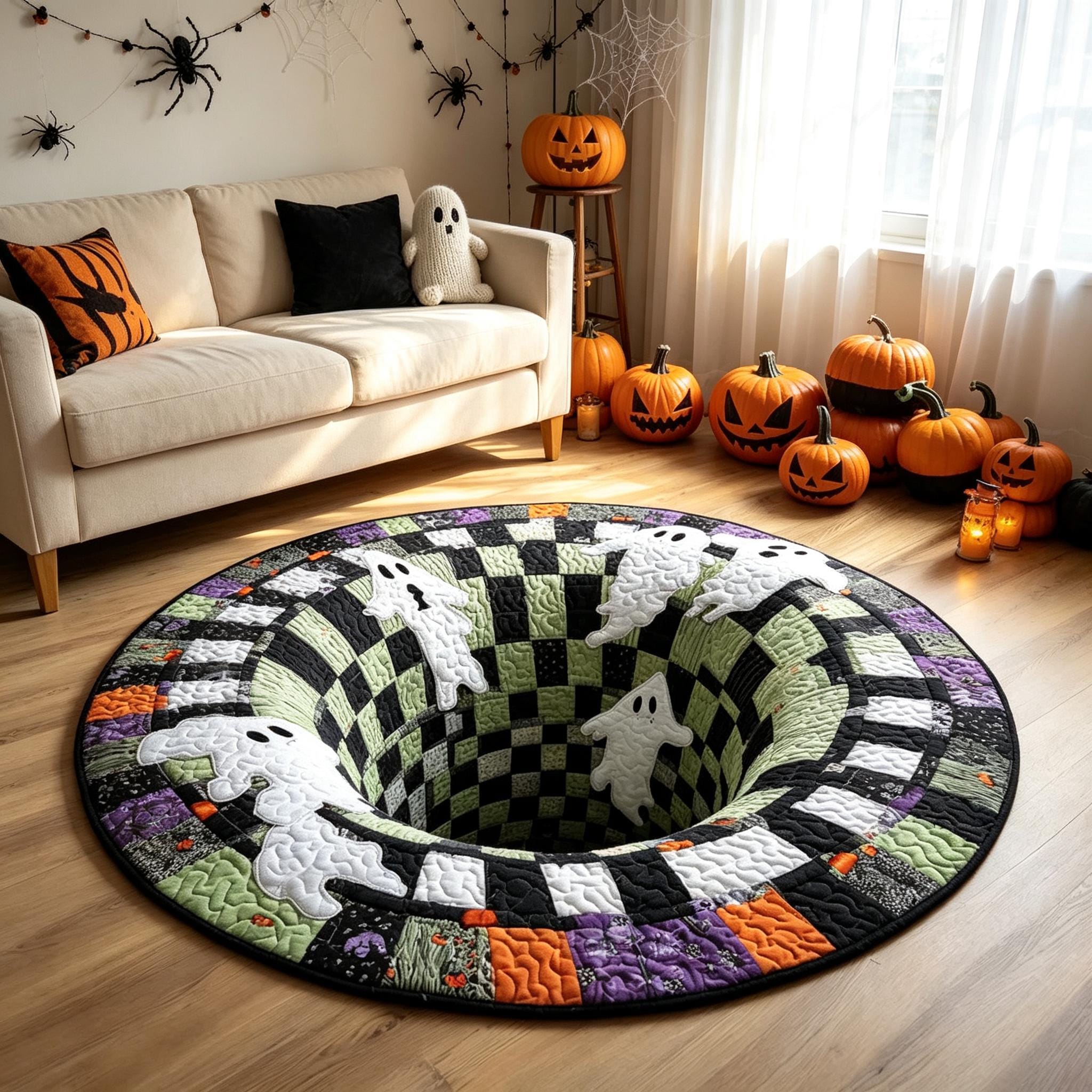 3D Spooky Vortex Skeleton Round Rug, HG Halloween Optical Illusion Floor Mat, Non‑Slip Carpet, Entryway Living Room Decor, Gothic Holiday Gift - Image 2