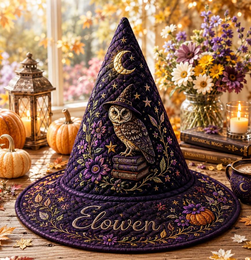 Personalized Witch Hat HG Quilt, Custom Halloween Witch Hat HG , Owl Moon Stars Floral Witchy Decor, Spooky Fall Gift for Her - Image 2
