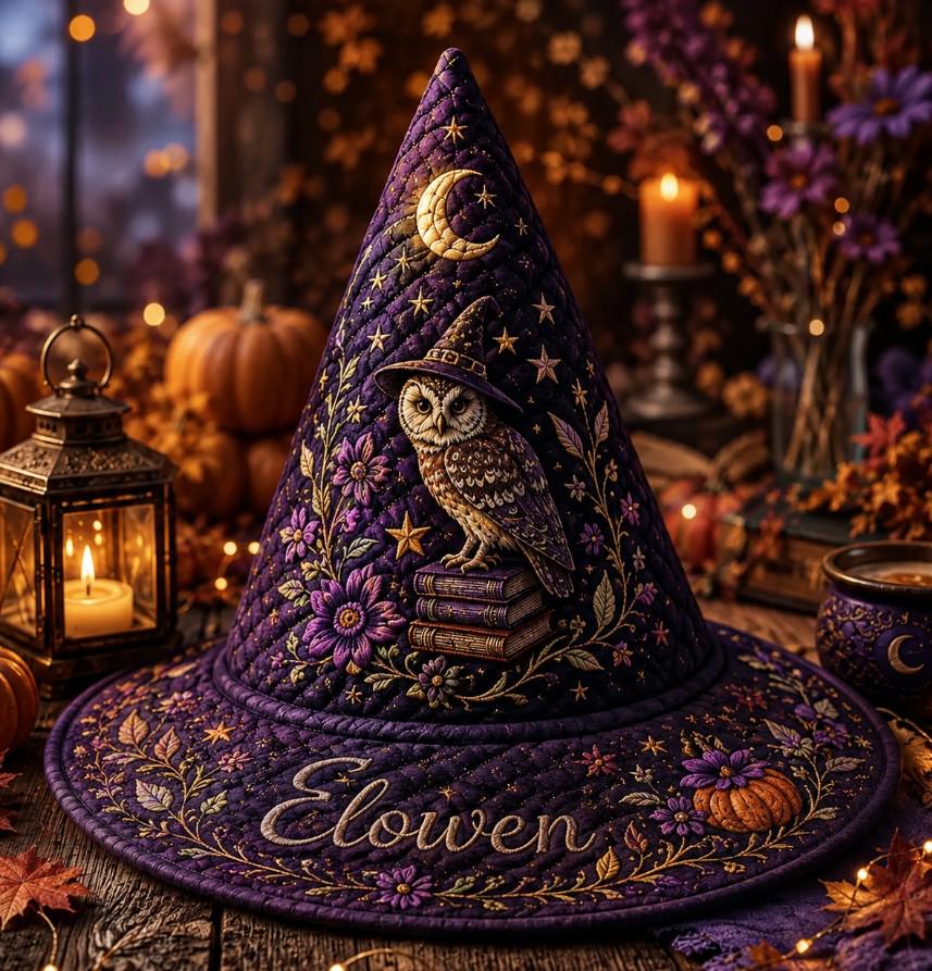 Personalized Witch Hat HG Quilt, Custom Halloween Witch Hat HG , Owl Moon Stars Floral Witchy Decor, Spooky Fall Gift for Her - Image 3